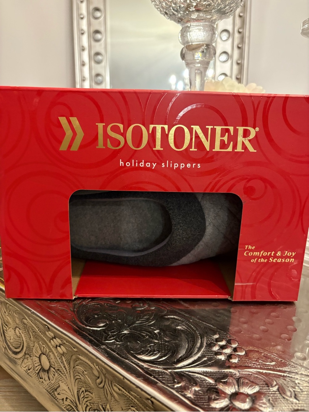 Isotoner Women's Holiday Slippers in Gray and Charcoal
